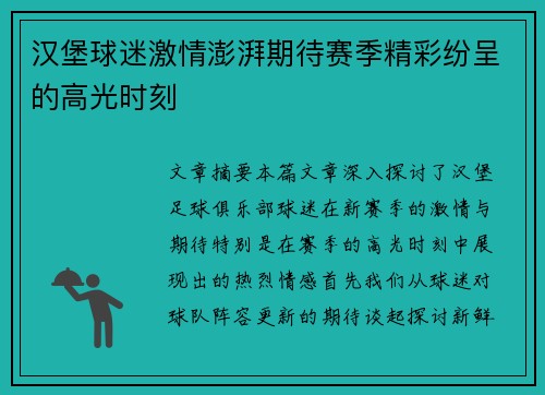 汉堡球迷激情澎湃期待赛季精彩纷呈的高光时刻