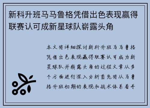 新科升班马马鲁格凭借出色表现赢得联赛认可成新星球队崭露头角