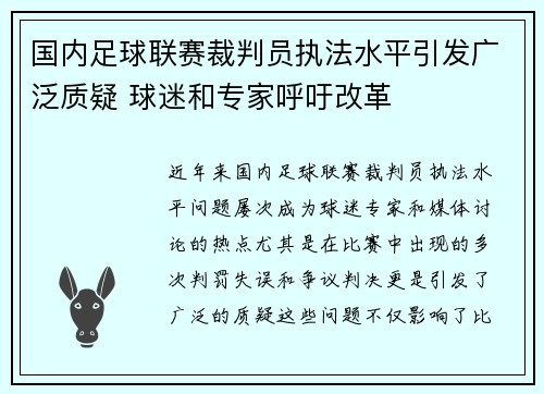 国内足球联赛裁判员执法水平引发广泛质疑 球迷和专家呼吁改革