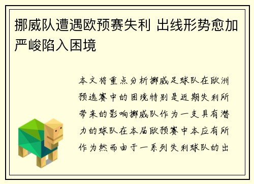 挪威队遭遇欧预赛失利 出线形势愈加严峻陷入困境