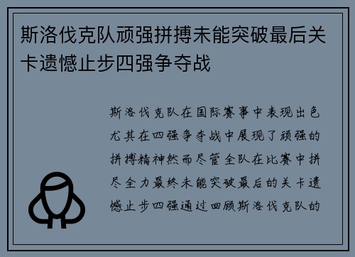 斯洛伐克队顽强拼搏未能突破最后关卡遗憾止步四强争夺战