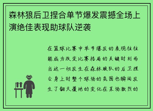 森林狼后卫捏合单节爆发震撼全场上演绝佳表现助球队逆袭