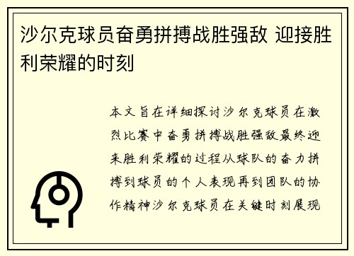 沙尔克球员奋勇拼搏战胜强敌 迎接胜利荣耀的时刻