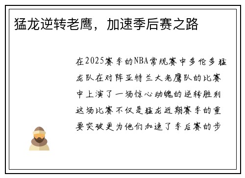 猛龙逆转老鹰，加速季后赛之路