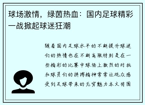 球场激情，绿茵热血：国内足球精彩一战掀起球迷狂潮
