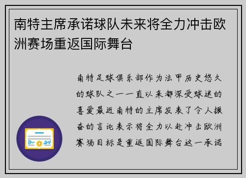 南特主席承诺球队未来将全力冲击欧洲赛场重返国际舞台
