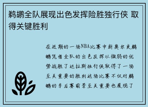 鹈鹕全队展现出色发挥险胜独行侠 取得关键胜利